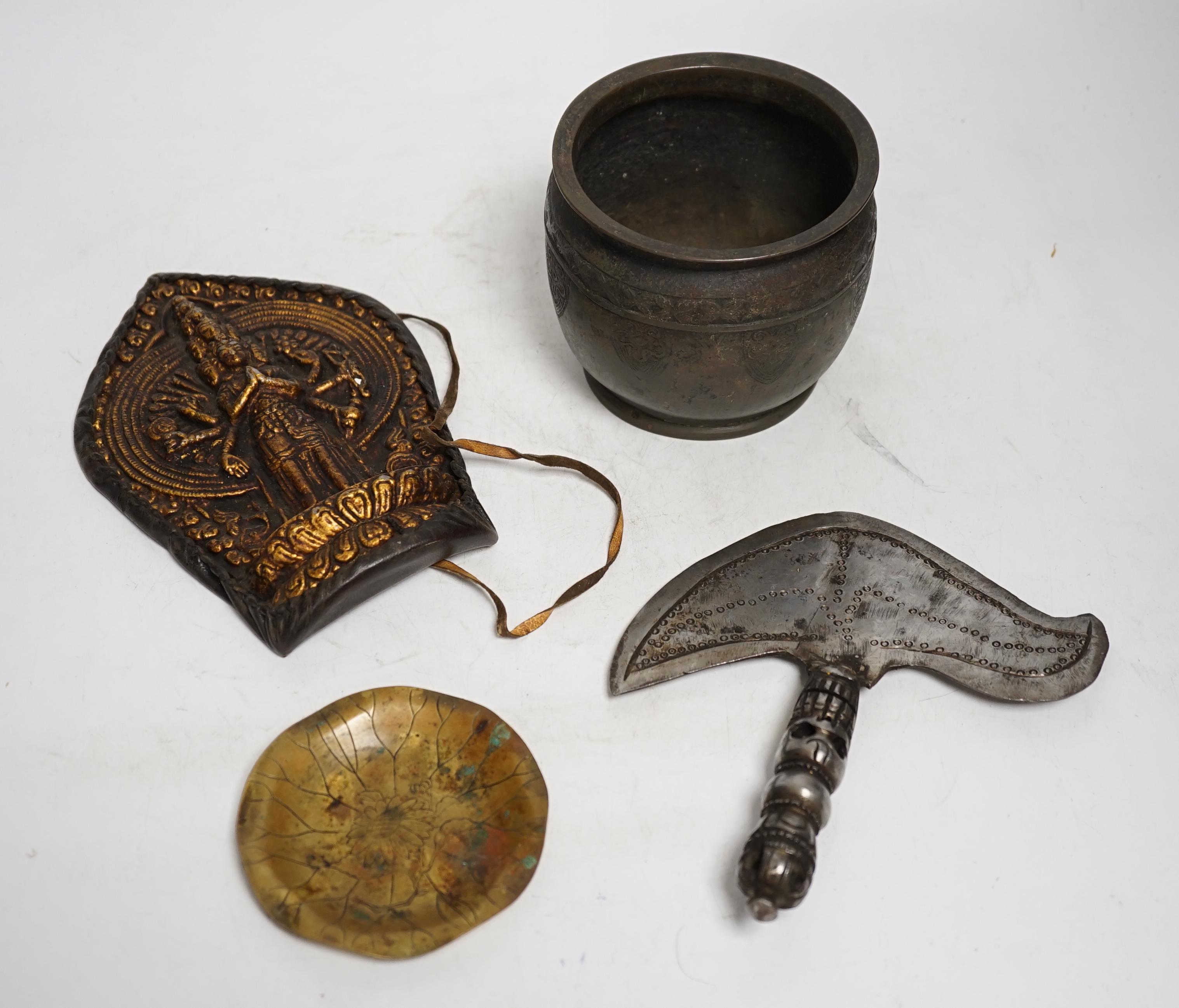 A collection of four Chinese and Tibetan metalware objects, Condition - fair to good